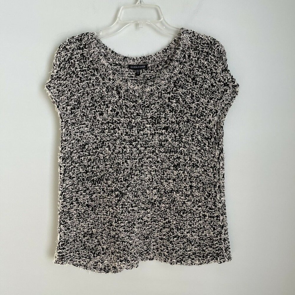 Eileen Fisher White Black Eyelash Knit Short Sleeve Open Back Sweater